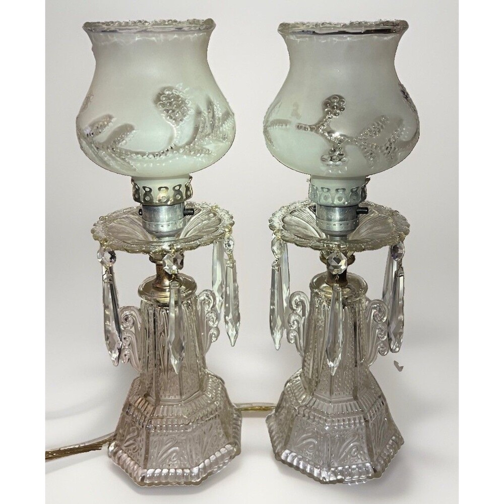 Antique Crystal Boudoir Glass Lamps w/Chandelier Prisms Etched Glass 1930s - Picture 5 of 7